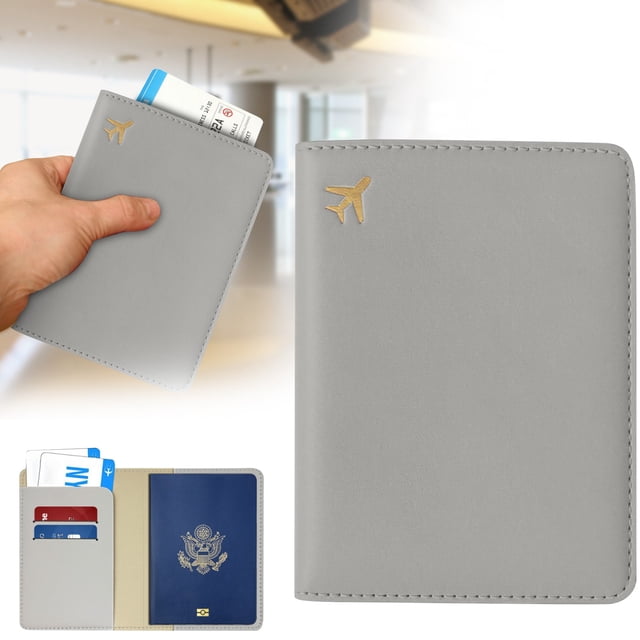 Multifunctional Passport Protector Gray, Pu Leather Passport Holder Blocking Travel Document Organizer with Card Slots Photo Pocket
