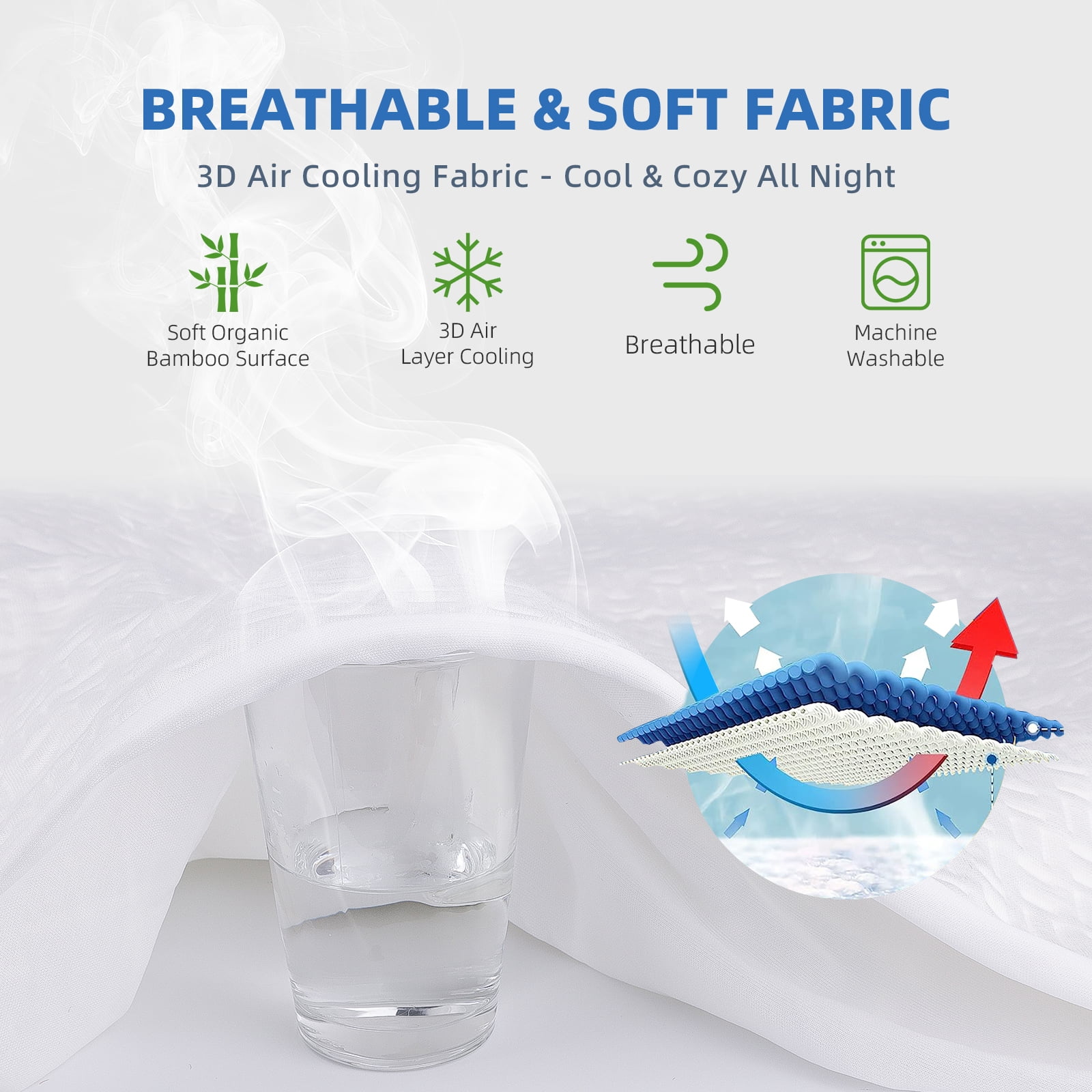 Queen Size 100% Waterproof Mattress Protector, Cooling Bamboo Mattress Cover Fitted 8"-21" Deep Pocket, 3D Air Fabric Soft Breathable bed Mattress Pad Cover Noiseless Washable (White, Queen)