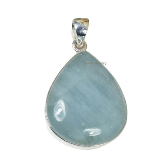 Solid 925 Sterling Silver Pendant For Men Women, Genuine Aquamarine Cabochon Pear Gemstone Unique Handcrafted March Birthstone Jewelry