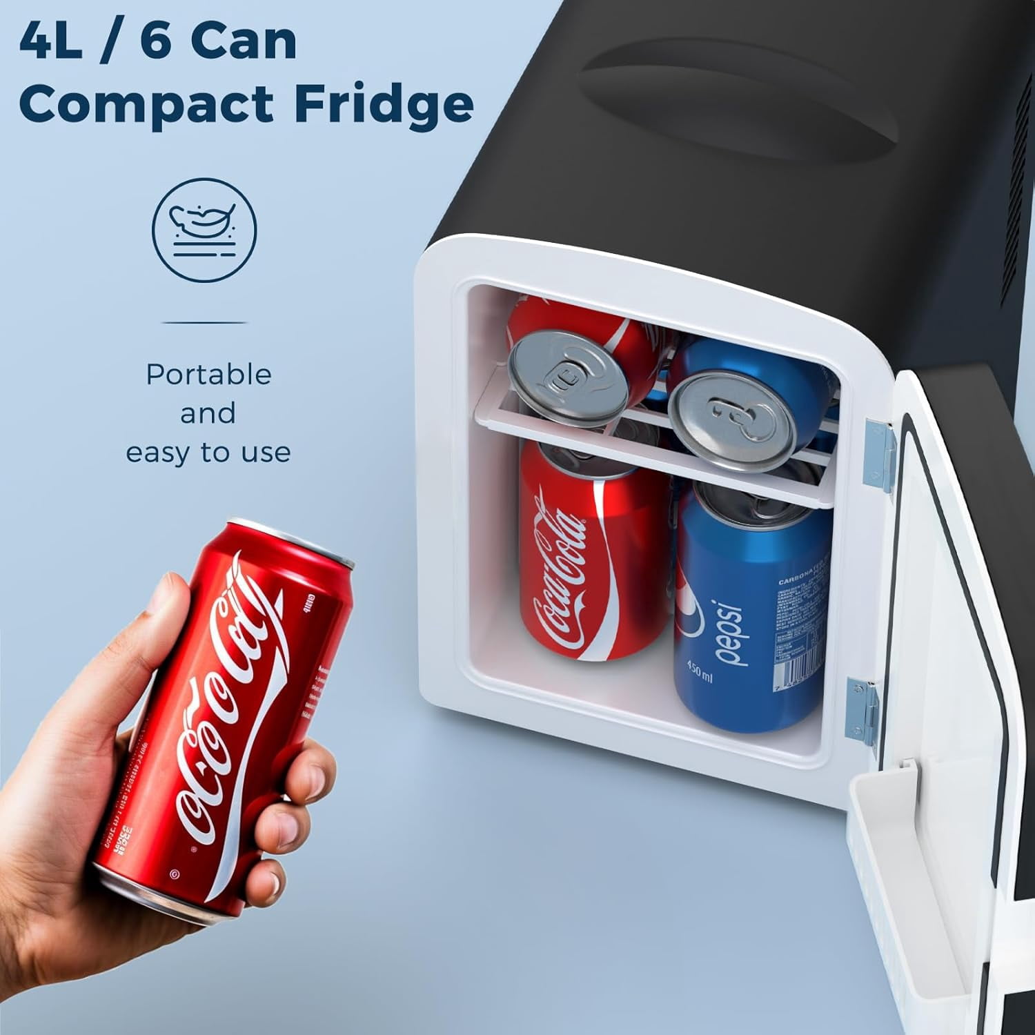 FREE VILLAGE 4 Liters/6 Cans Compact Refrigerator,Portable Mini Fridge Makeup & Skin Care for Bedroom,Car,Office & Dorm,Small Cooler for Cosmetics,Magnetic Brushed Stainless Steel Door,White