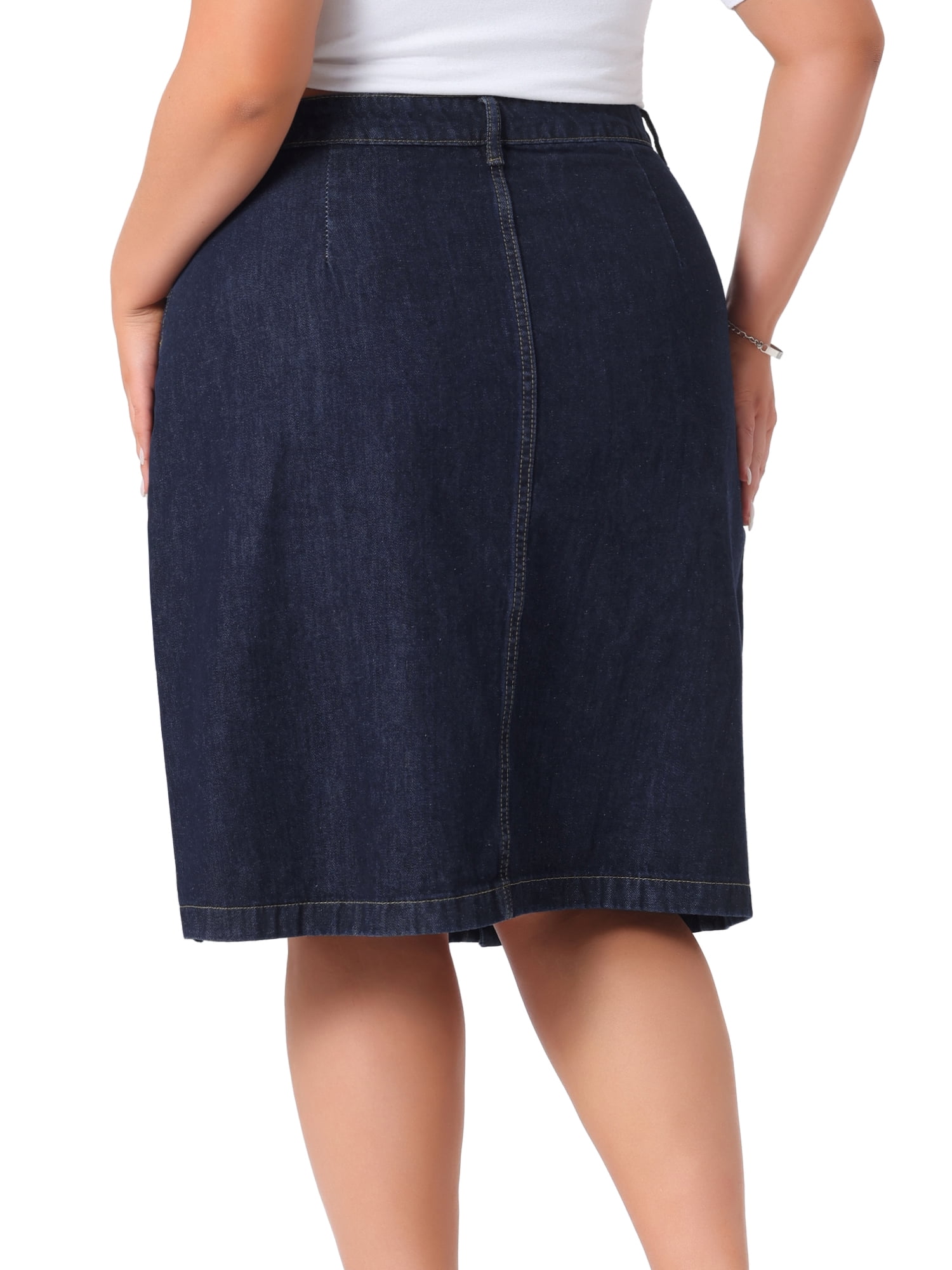 DARING DIVA Women's Plus Button Front High Waist A Line Midi Jean Skirt 1X Dark Blue