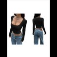 thumbnail image 3 of Top Corto de Larga con Cuello Cuadrado para Mujer, Acanalado, Ajustado, para Salir, Estilo Y2K, Informal, Básico, Camiseta Negro XL, 3 of 7