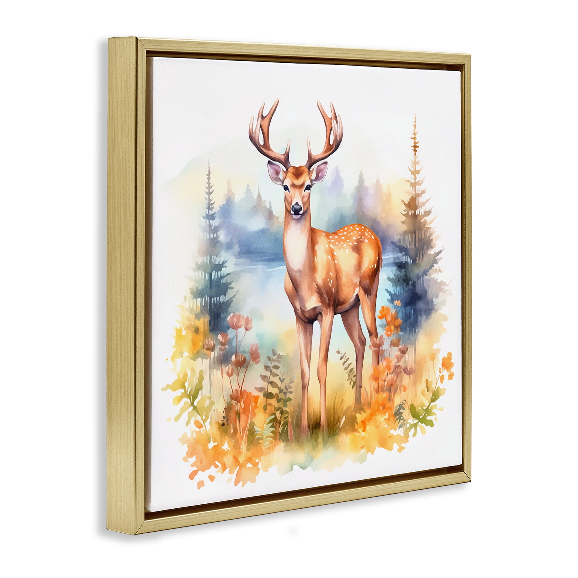 Stupell Industries Wild Deer in Forest Animals Painting Gold Floater Framed Canvas Art Print Wall Art, 25 x 25