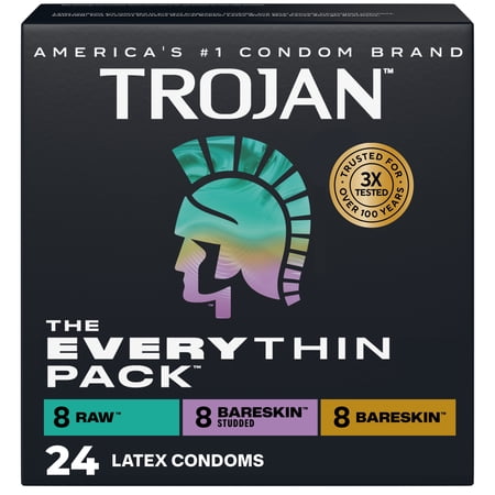 Trojan The Everythin Pack Latex Lubricated Condoms with Raw, Bareskin, Bareskin Studded, 24 Count