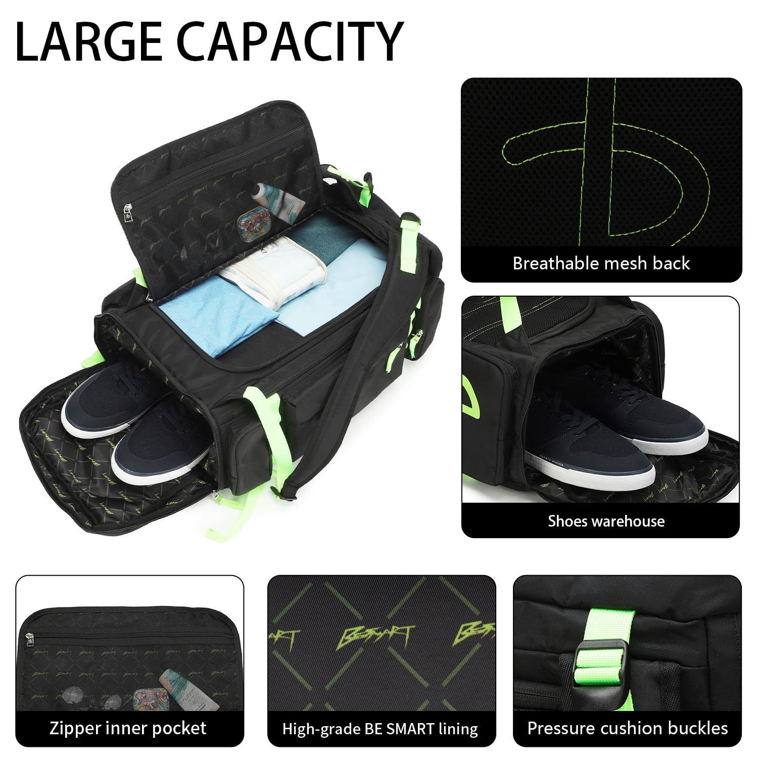 BE SMART 50L Extra Large Gym Backpack for Men, Big Gym Bag with Shoes Compartment, Waterproof Heavy Duty Duffel Bags, Men's Workout Backpacks for Outdoor Sport,Hiking,Camping (XL)