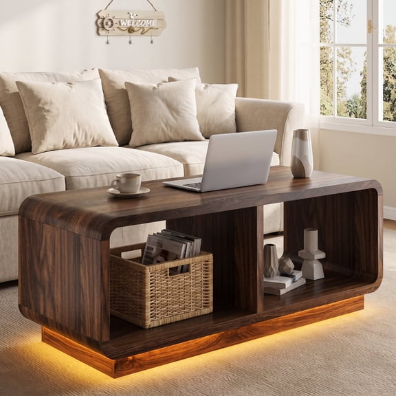 ASTUVIA Coffee Table with LED Lights, 47.2" W TV Stand Center Table with 2-Tiers for Living Room,Brown