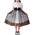 thumbnail image 2 of hengsof Girls Short Sleeve Dress Collared Bubble Sleeve Mesh Detail Button Front Sundress Casual Party Comfort Dress for 8-13 Years Old, 2 of 7