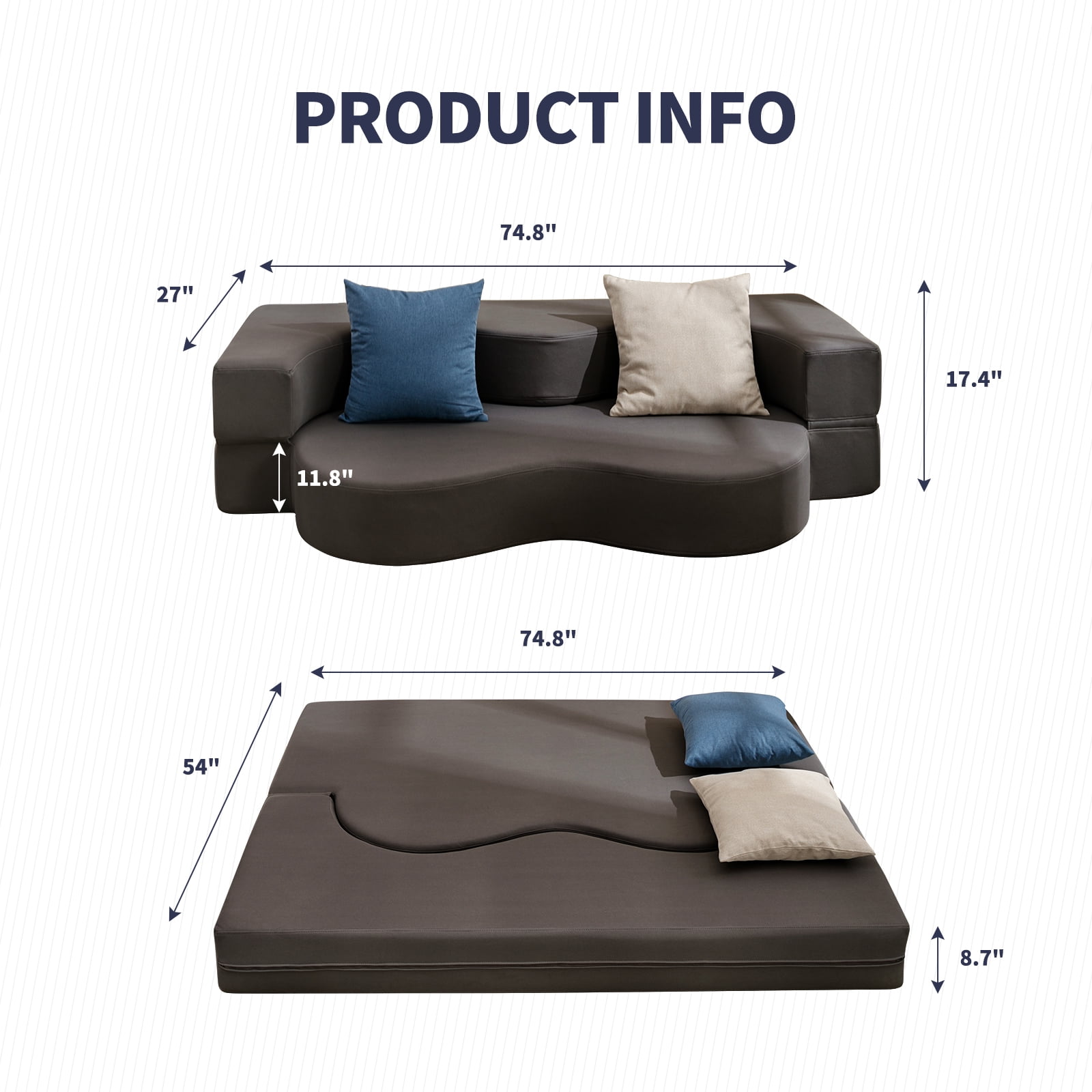 ZAFLY Full Size Convertible Futon Sofa Bed, Floor Sofa Bed Foldable, Foam Folding Mattress Sleeper, Floor Couch Lounge Sleeper Bed for Living Room/Bedroom, Dark Grey