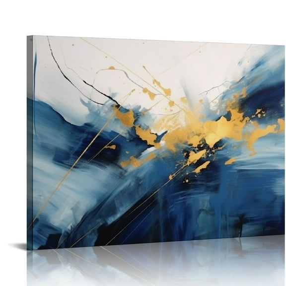 JRXY Canvas Wall Art - Navy Blue Gold Abstract Print Hand Painted Decor 20x16in