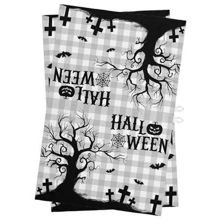 Hallo Halloween Kitchen Towels Dish Towel Pack of 2 Spooky Gnarled Tree Flying Bat Graveyard Hill Gray Plaid Soft Dish Cloth Set Absorbent Dishcloth for Drying Dishes, Hand Towels 18 x 28 Inches