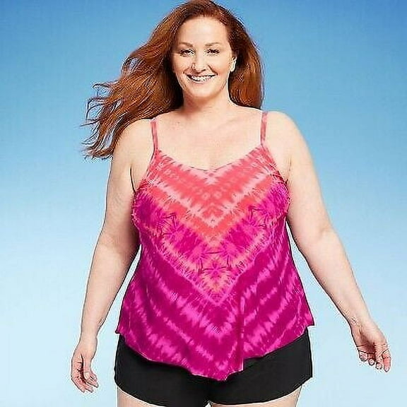 Womens UPF 50 V-Neck Angled Tankini Top - Aqua Green® Multi Pink 2X