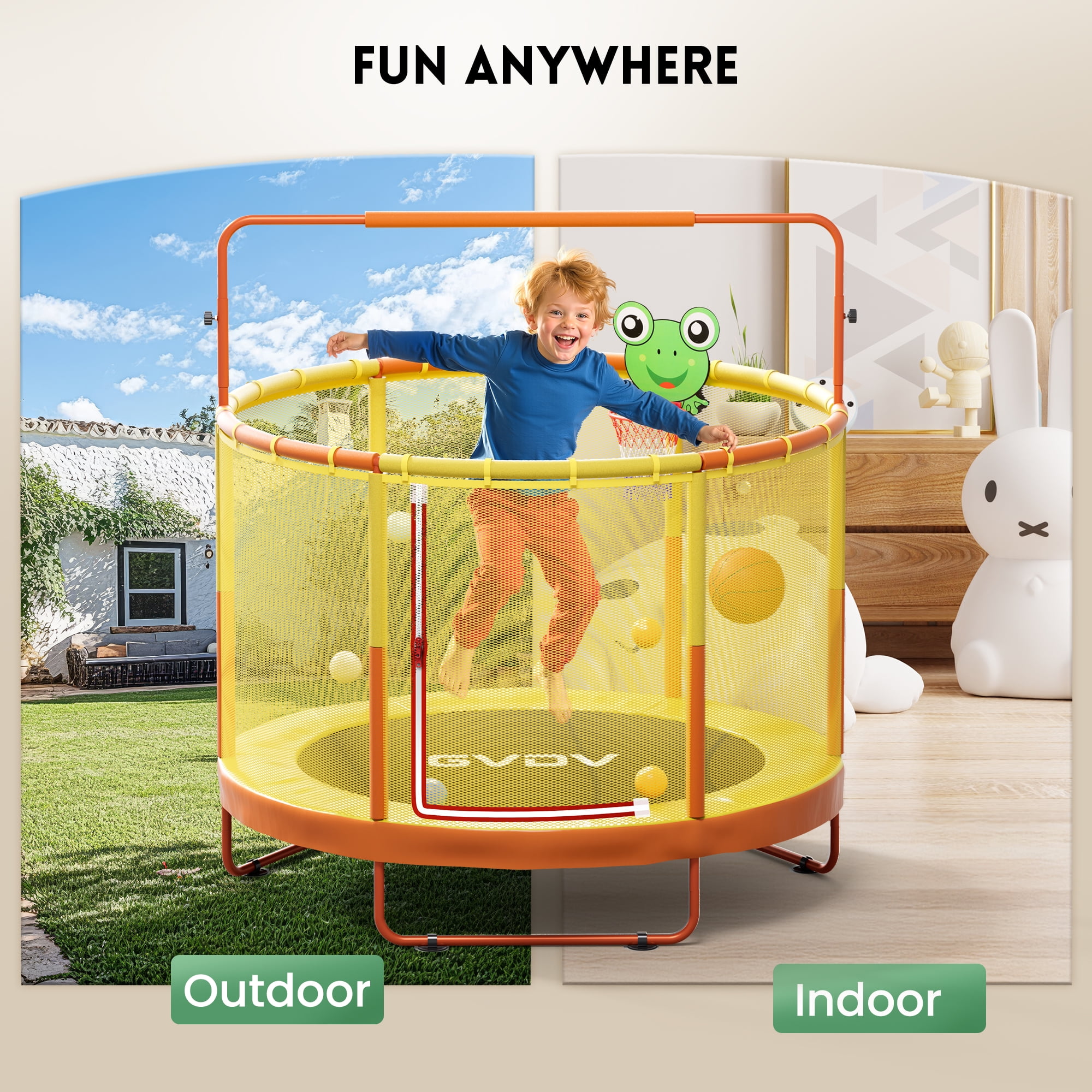 GVDV Trampoline for Kids, 60" Toddler Mini Trampoline with Enclosure Net, Basketball Hoop