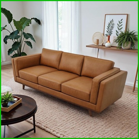 Mid Century Modern Top Grain Leather Living Room Sofa - Easy-Clean, Robot-Friendly Design