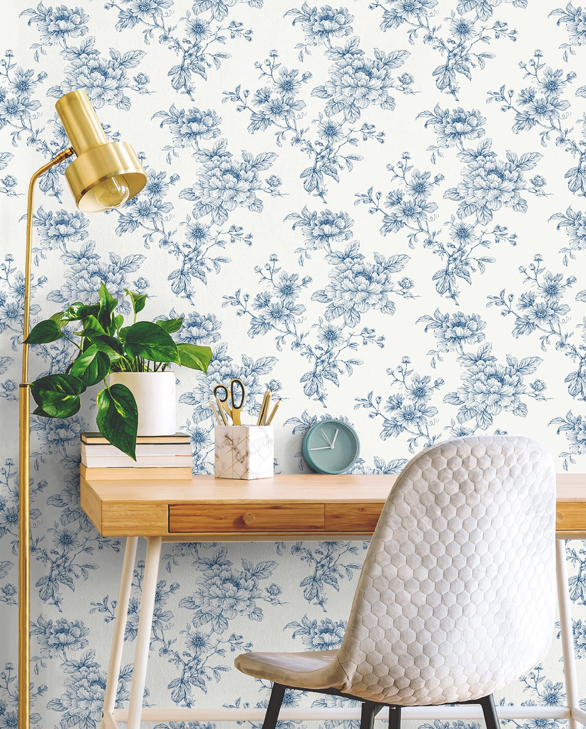 NextWall Blue Sketched Floral Peel and Stick Wallpaper