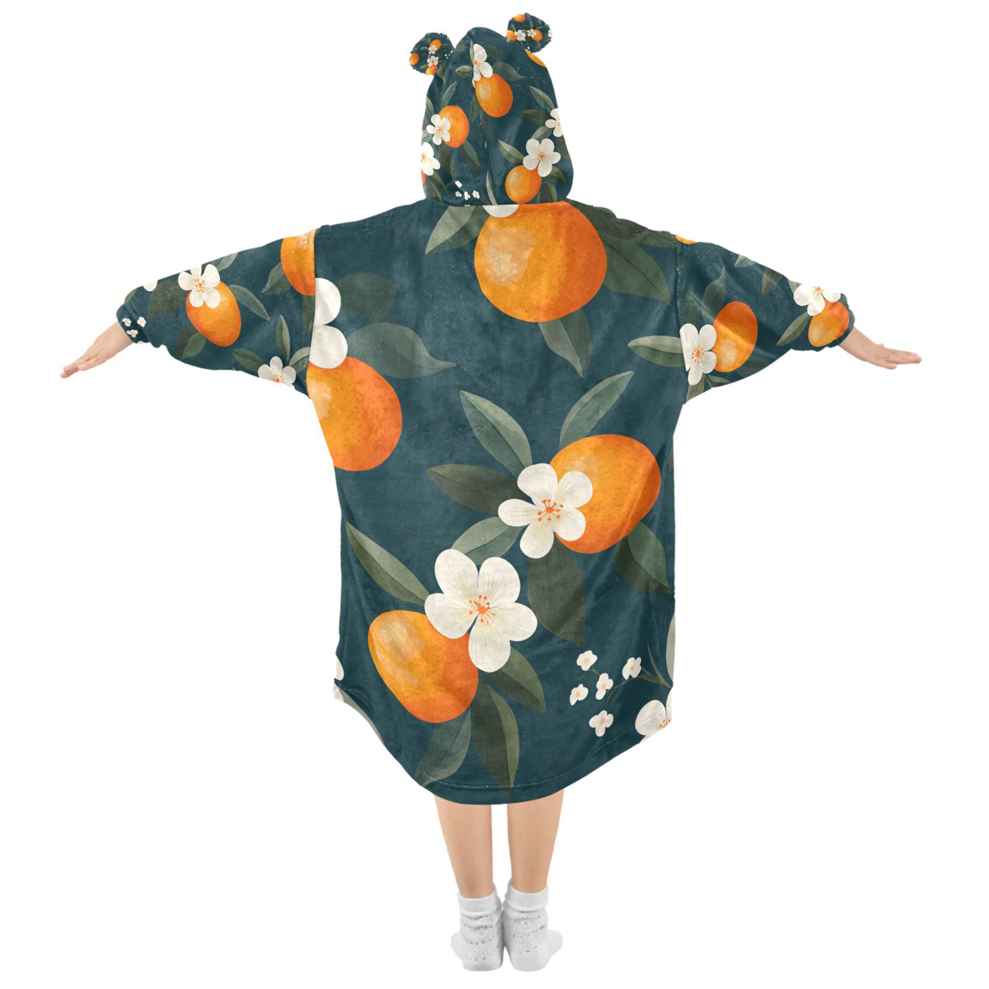 FORMRS Wearable Blanket Hoodie with Sleeves for Kids Cozy Flannel Sweatshirt, Floral Oranges