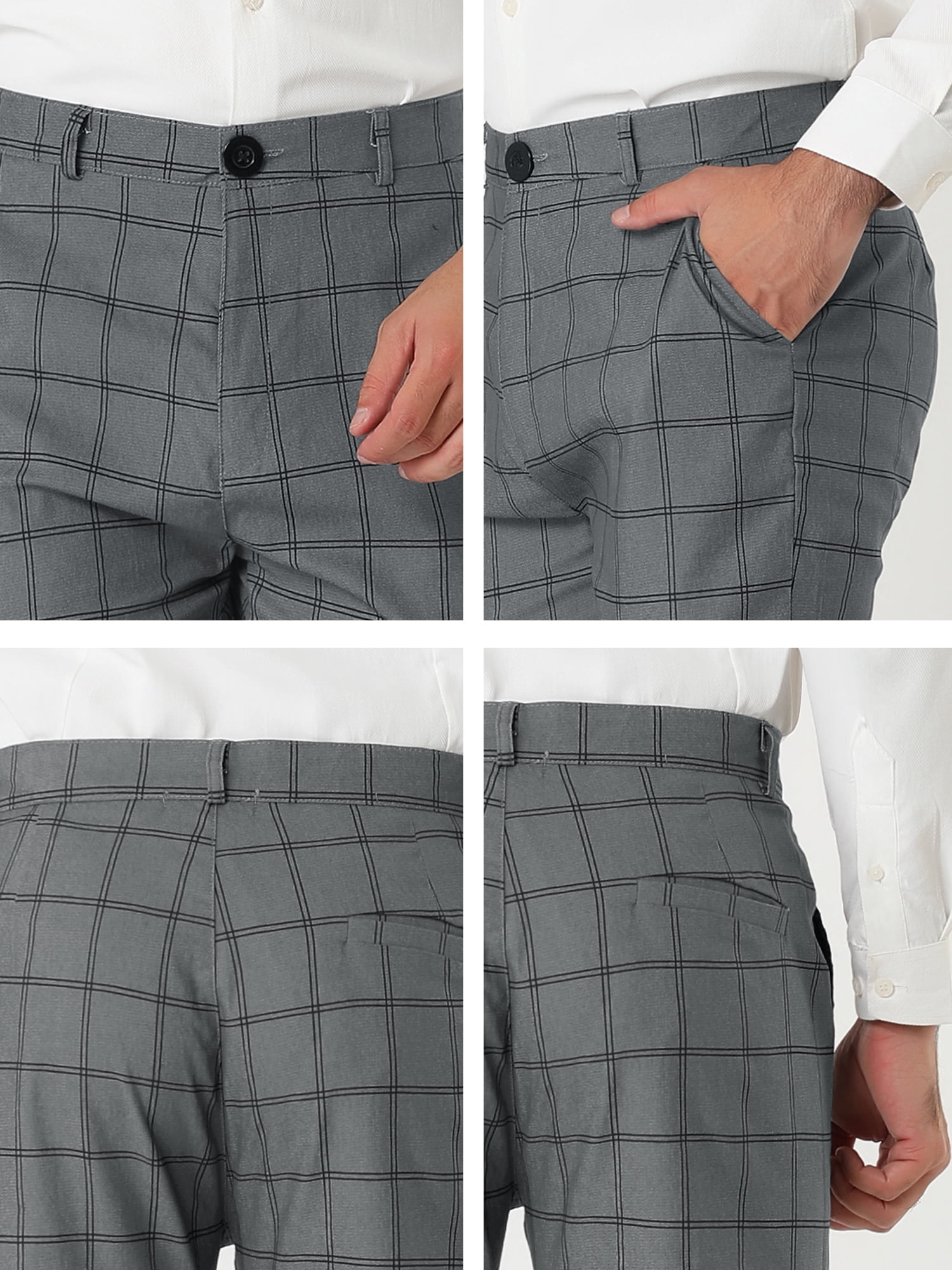 Unique Bargains Men's Slim Fit Plaid Business Pants Trousers with Pockets 38 Dark Gray