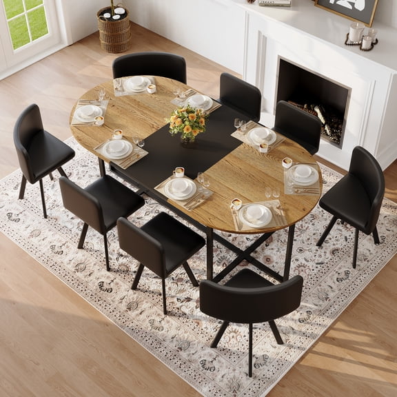 JUFU 78.7" Dining Table Set for 8, 9 Piece Kitchen Table Set with 8 PU Leather Chairs, Large Rectangular Dining Room Table Set, Modern Farmhouse Wood Dining Set for Home & Apartment