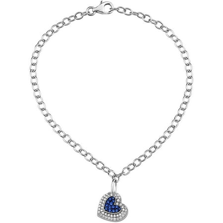 Blue Sapphire Crystal and White CZ Sterling Silver Double-Heart Charm Bracelet, 8
