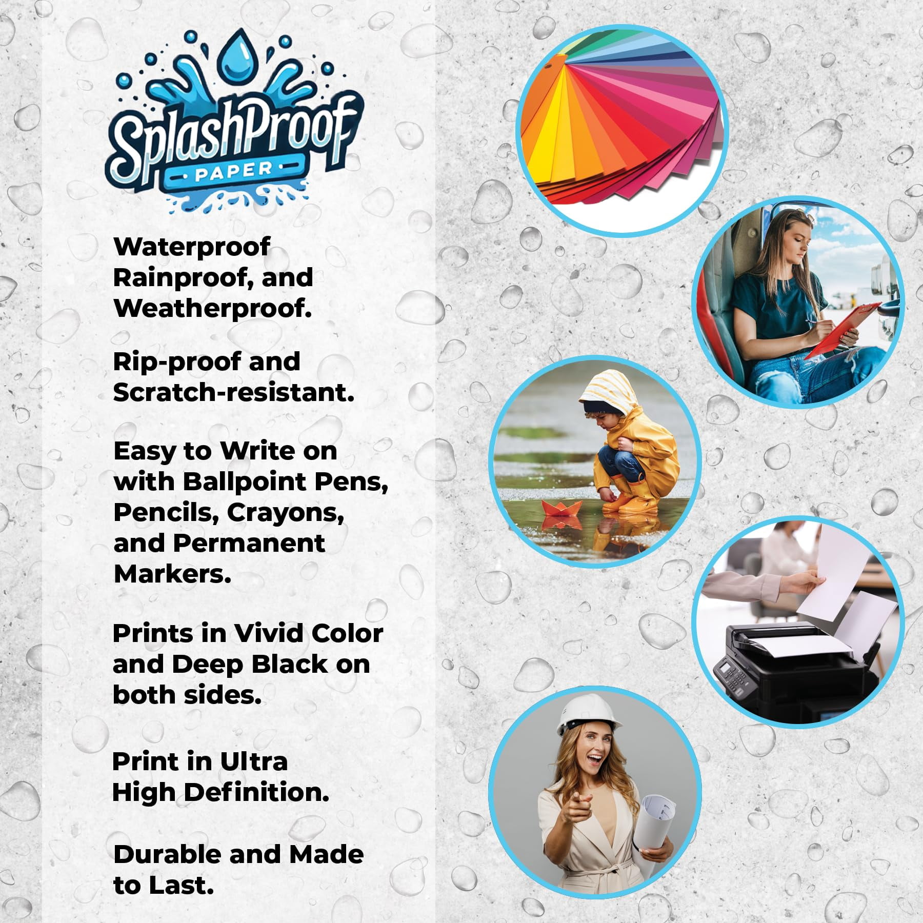 SplashProof Waterproof Paper, 8.5" x 11", 10 Mil, 50 Sheets
