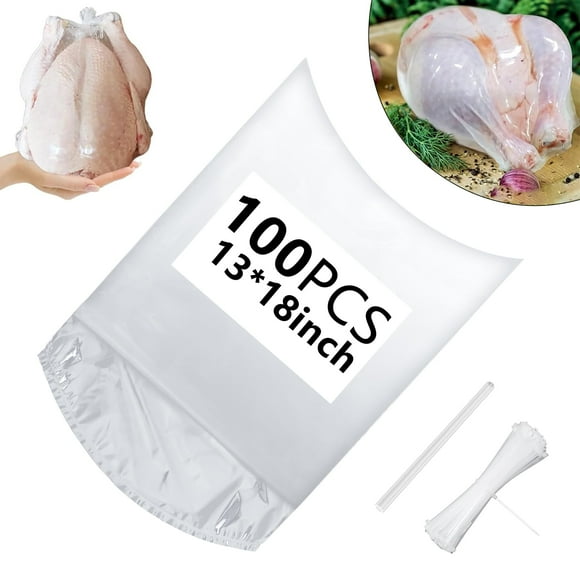 Sacs Rétractables pour Volaille (13 X 18 Po - Lot en Vrac de 100) Sans BPA et Compatibles Congélateur, Sacs de Saumure Robustes et Résistants à la Chaleur pour Dinde, Poulet, Lapin, Comprend 100 Attaches à Glissière + Si