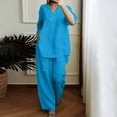 thumbnail image 2 of BYHONG Casual Outfits for Women Solid Color and Linen Three Quarter Sleeve Top and Wide Leg Pants Two Piece Set Blue XL, 2 of 7