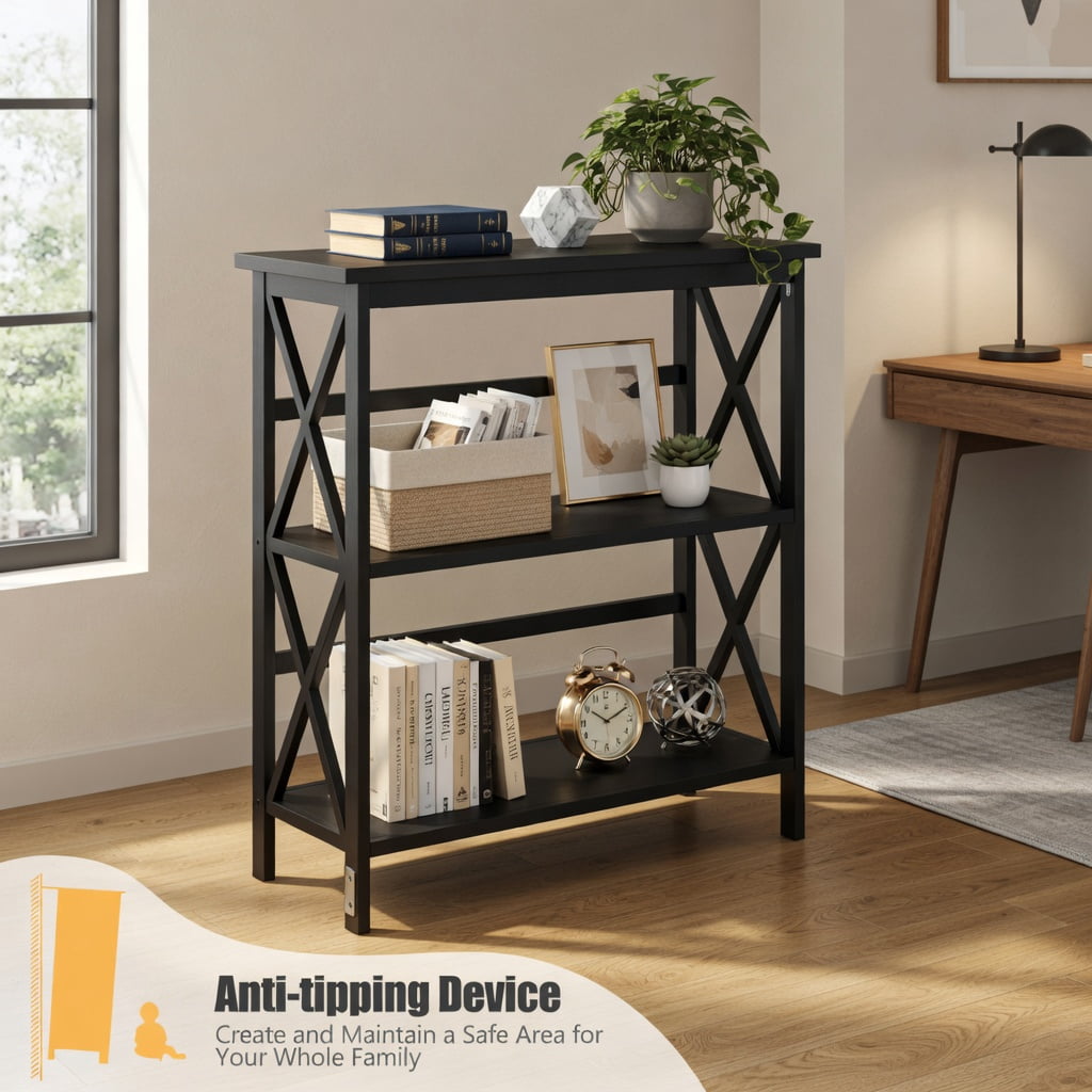 Spaco 3-Tier Wooden Multi-Functional X-Design Etagere Storage Bookshelf-Black, Tall Bookshelf, Shelves for Living Room, Home Office, Bedroom, Balcony
