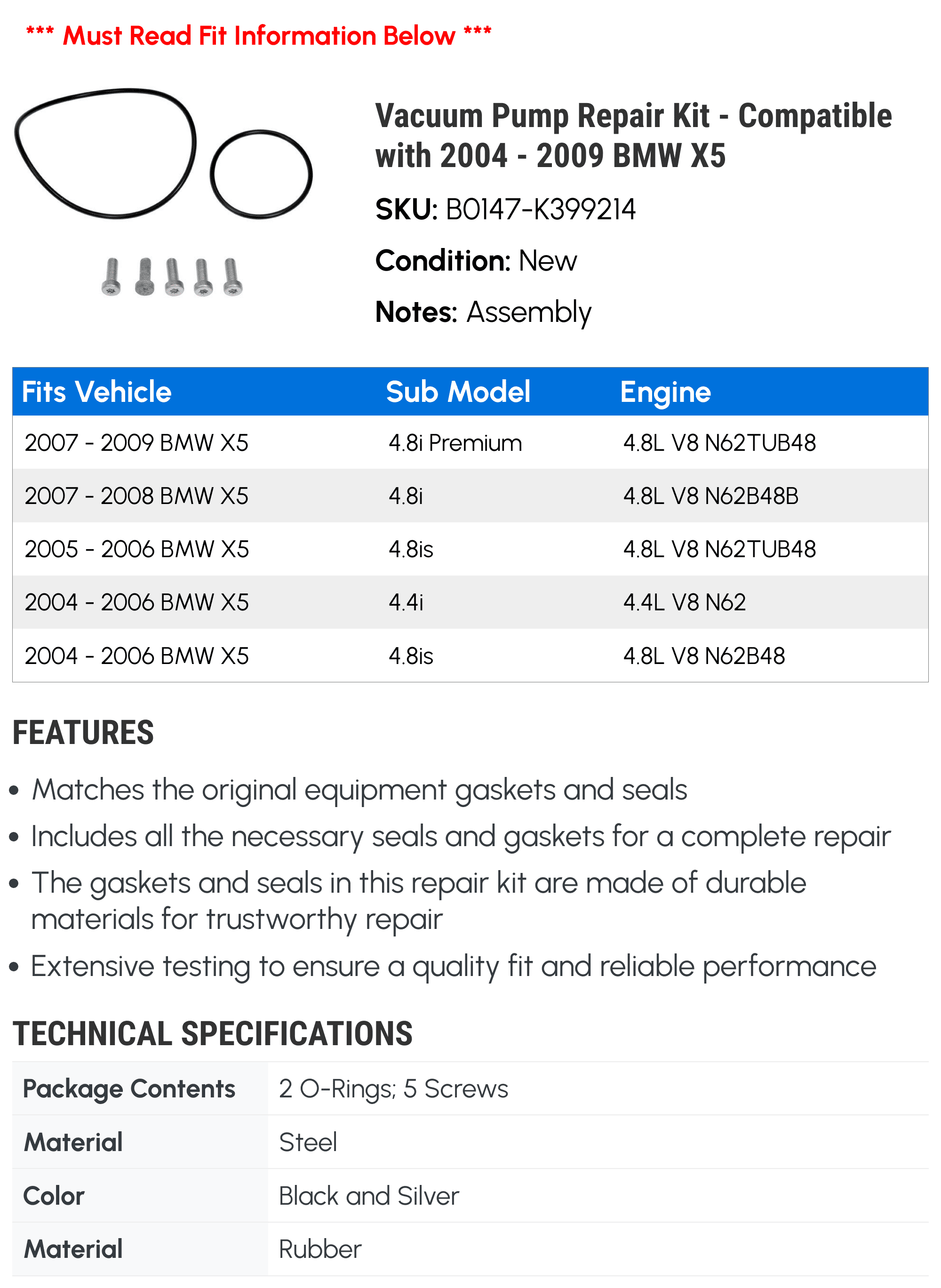 Vacuum Pump Repair Kit - Compatible with 2004 - 2009 BMW X5 2005 2006 2007 2008