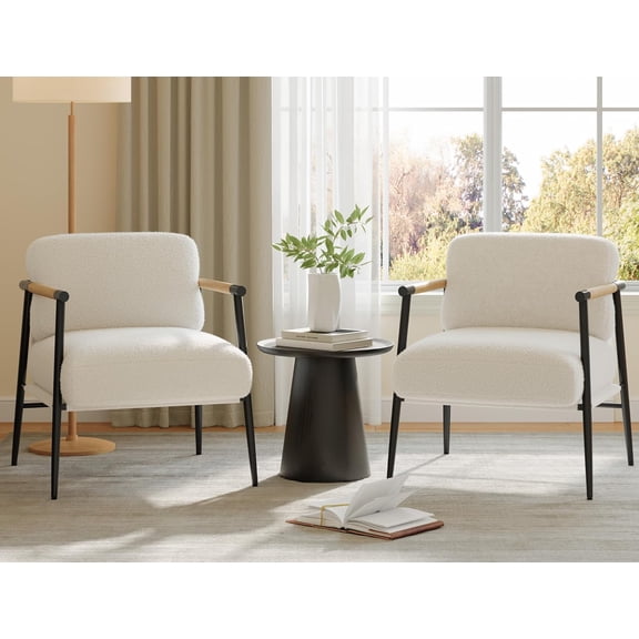 Modern Accent Chair, Comfy Chair with Metal Frame Wooden Armrest, Cozy Reading Chair with Soft Cushion for Bedroom, Living Room, White Set of 2