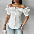 thumbnail image 2 of BYHONG Women Off Shoulder Layered Ruffles Button Down Asymmetrical Hem Top Women's Ruffle Trim Off Shoulder Short Sleeve Blouse Party Tops Shirt White XXL, 2 of 8