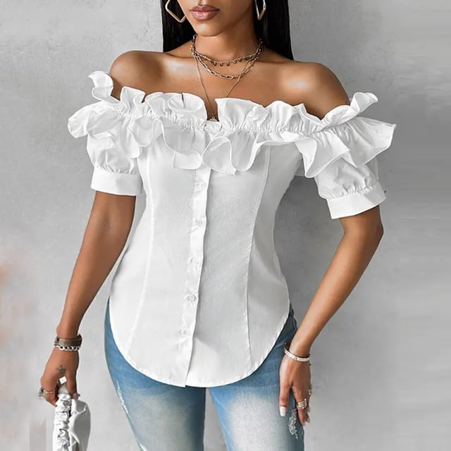 Clothing Women Off Shoulder Layered Ruffles Button Down Asymmetrical Hem Top Ruffle Trim Short Sleeve Blouse Party Tops Shirt