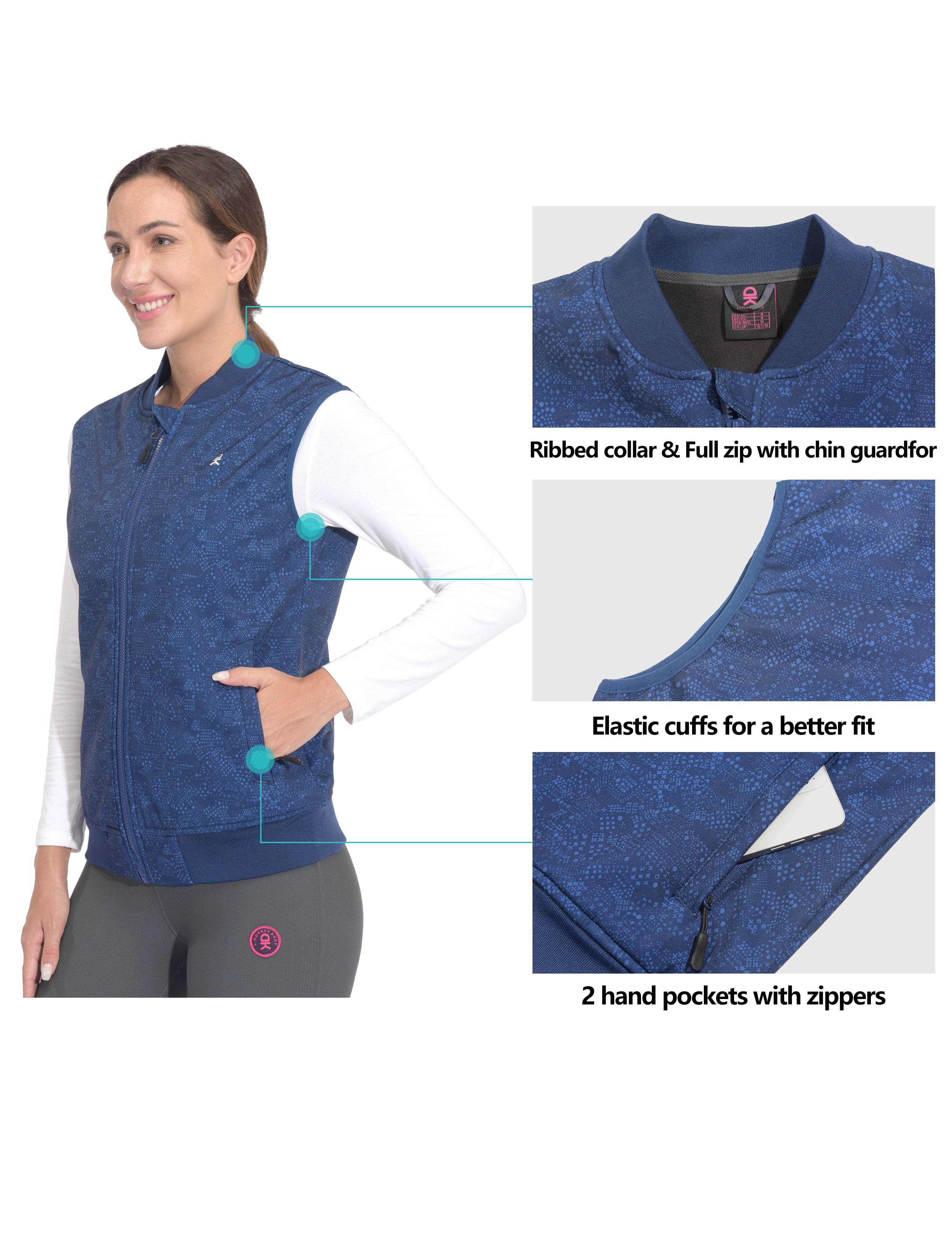 Little Donkey Andy Lightweight Fleece Lined Golf Hiking Vest for Women Waterproof Softshell Running Casual Sleeveless Jacket Navy Stars L