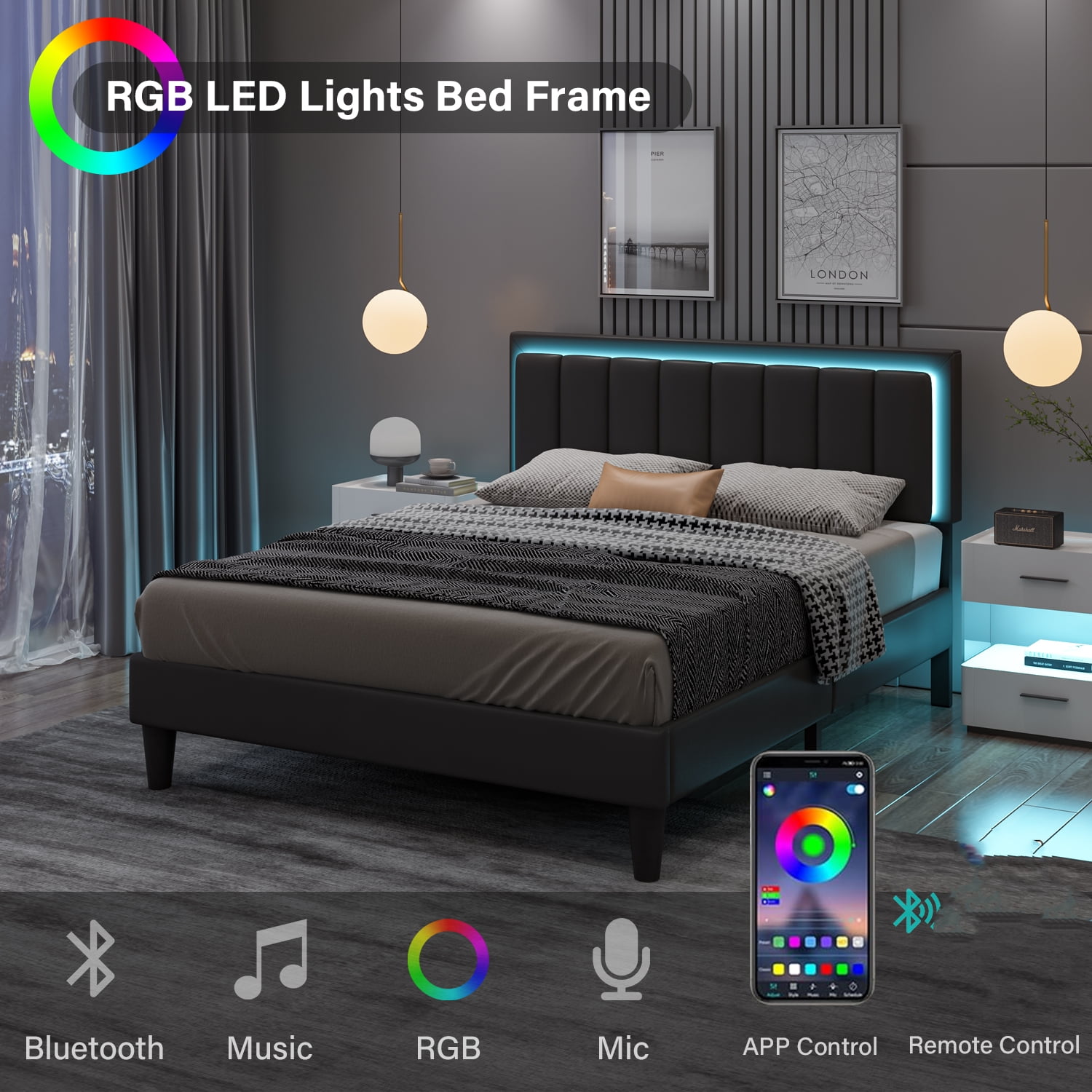 4 EVER WINNER Full Bed Frame with LED Light, Upholstered Platform Bed Frame with Headboard, Black