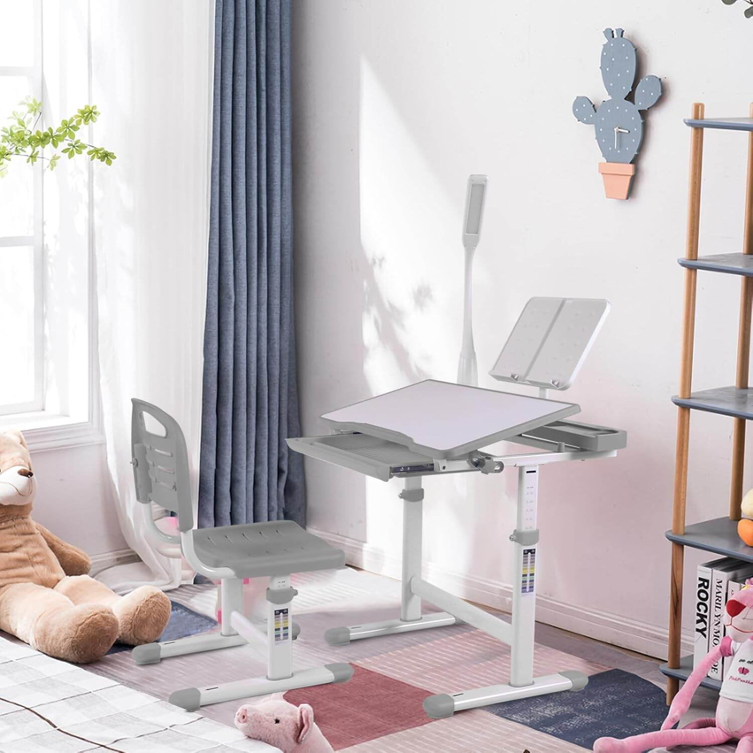 Kids Furniture Desk for Kids Desk and Chair Set Kids Art Desk Drafting Table Desk Set with Adjustable Height, 40-Degree Tiltable Children Desktop, LED Light, Bookstand, Gray,Baby Nursery Furniture