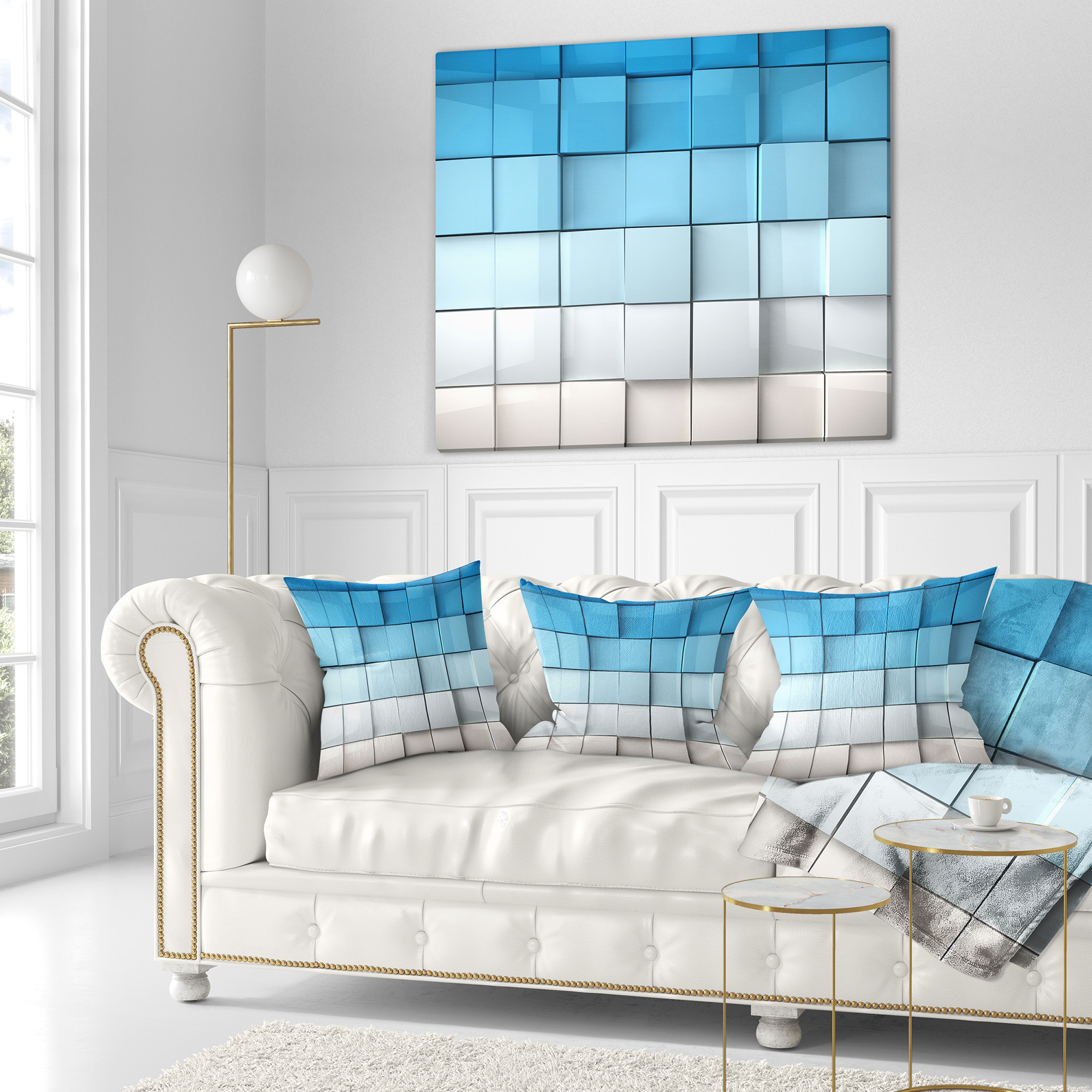 Designart Blue and White Mosaic Cubes - Contemporary Throw Pillow - 16x16