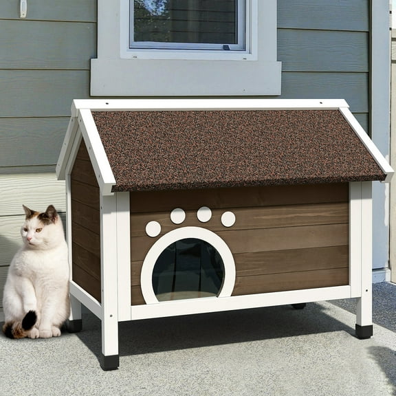 SAEWUD 35.4" Large Outdoor Cat House – Weatherproof Wooden Pet Shelter with Escape Door & All-Round Foam for Backyard, Porch, Garden