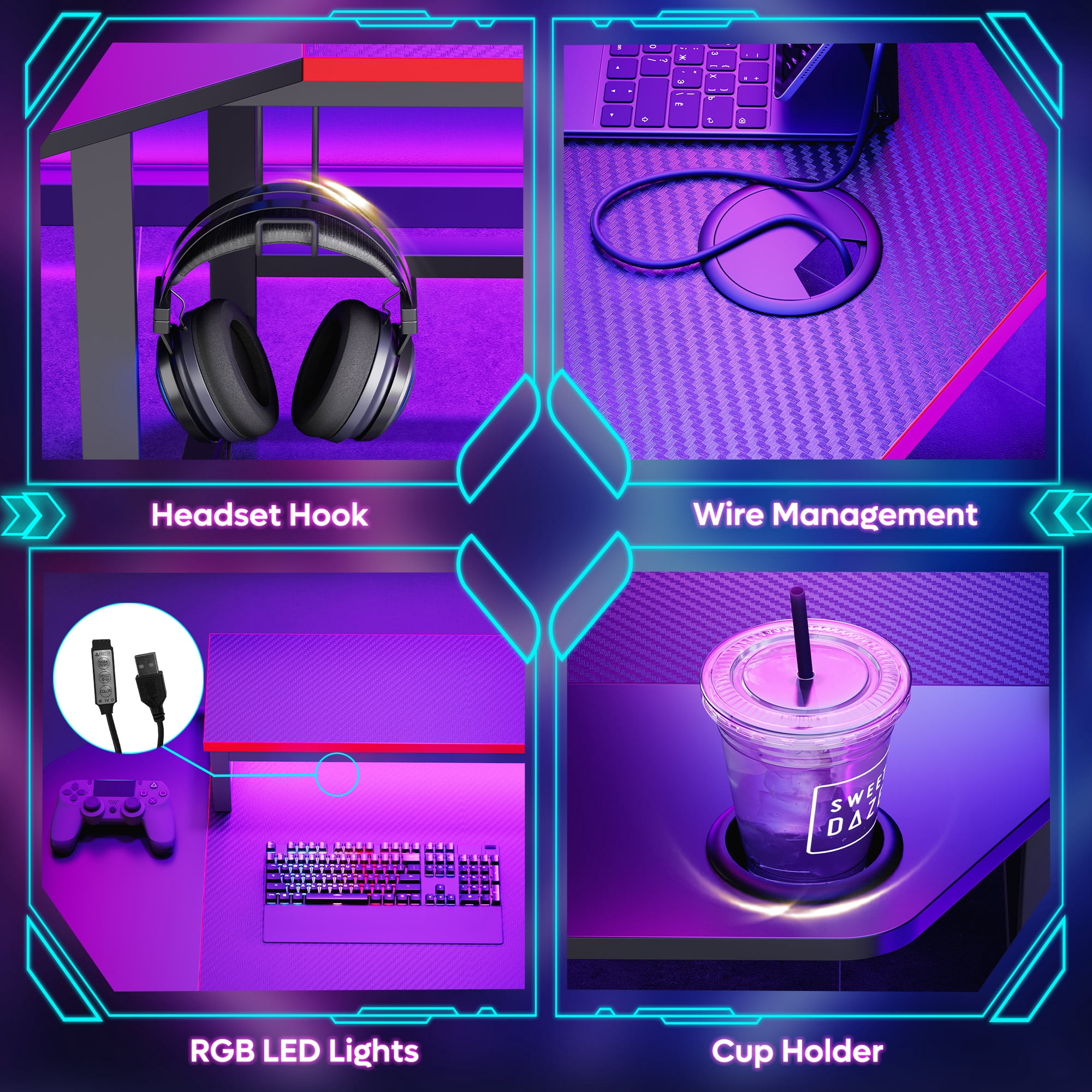 Bestier L-Shaped Gaming Desk 57 Inch Corner Computer Desk with LED Lights & Monitor Riser, Carbon Fiber