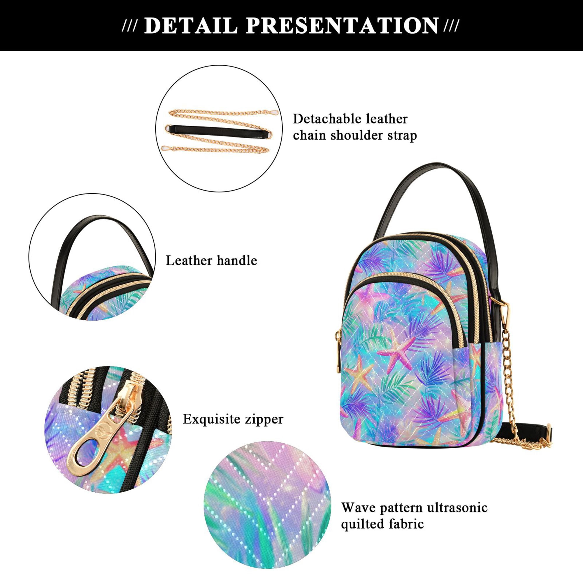 FORMRS Crossbody Bag for Women Quilted Travel Shoulder Cell Phone Purse with Chain Strap Handbag, Neon Starfish Pattern