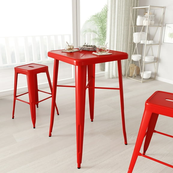 Merrick Lane Bar Height Patio Dining Table with Red Metal Frame and 23.75" Square Top