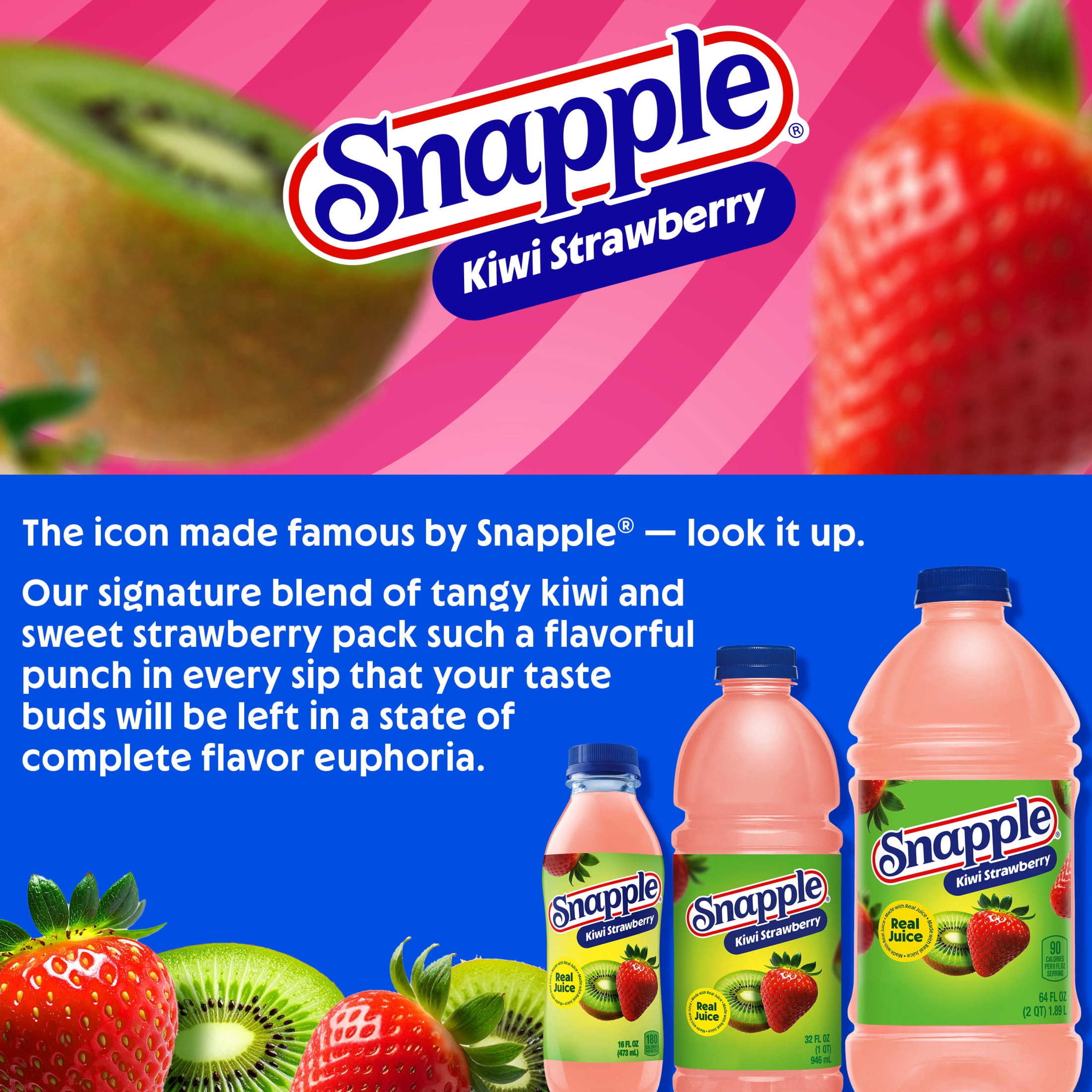 (3 pack) Snapple Kiwi Strawberry Juice Drink, 64 fl oz, Bottle