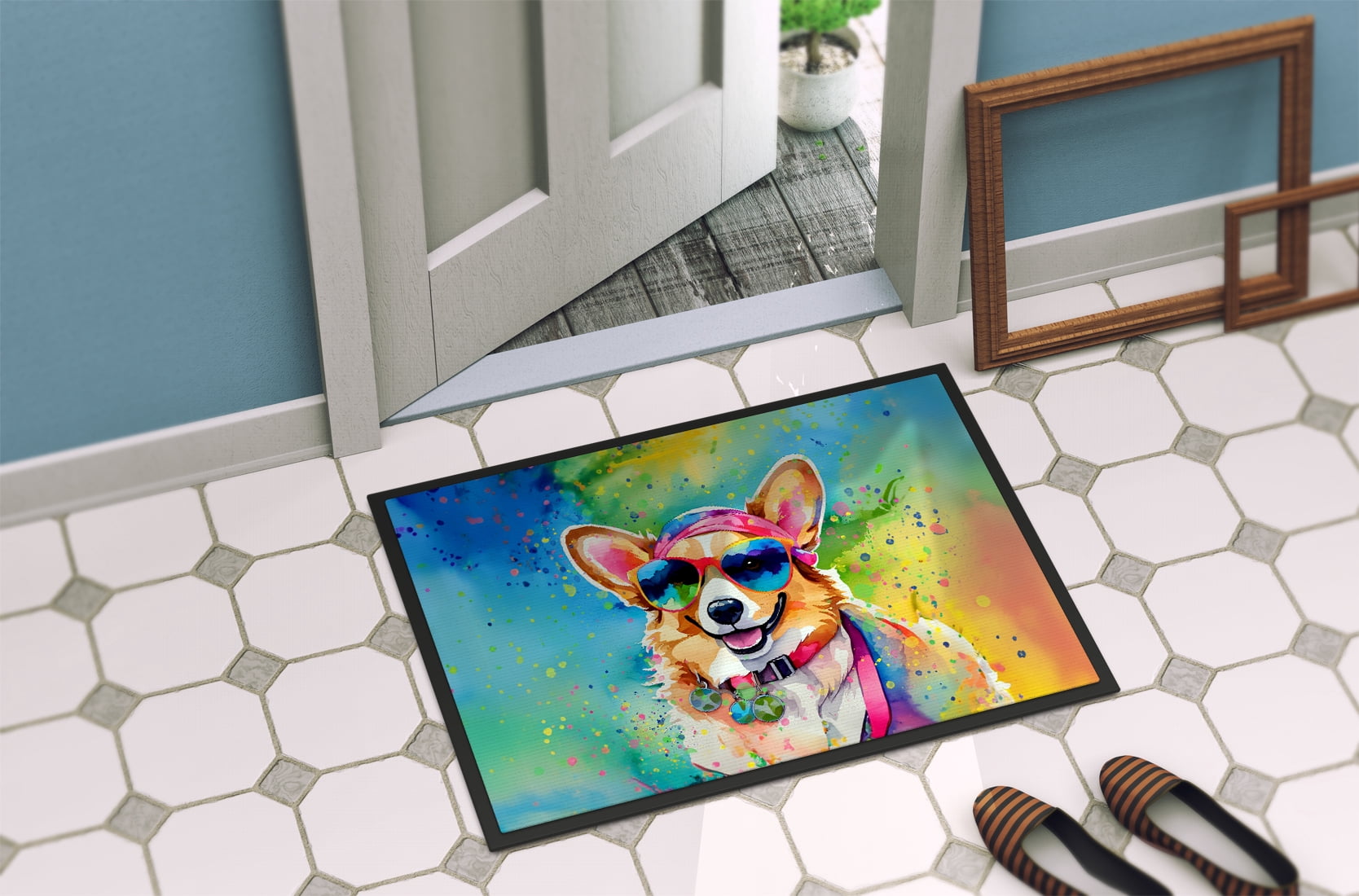 Carolines Treasures DAC2496JMAT 0.15 x 24 x 36 in. Corgi Hippie Dawg Indoor or Outdoor Mat