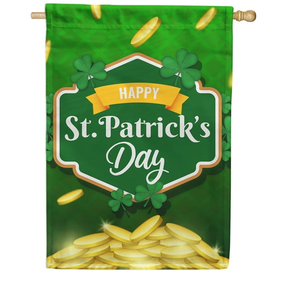 America Forever Happy St Patricks Day Gold Coin House Flag 28 x 40 Inch Luck of the Irish Double Sided Outdoor Yard Lucky Clovers Shamrock St Patricks Day Decorations Flag