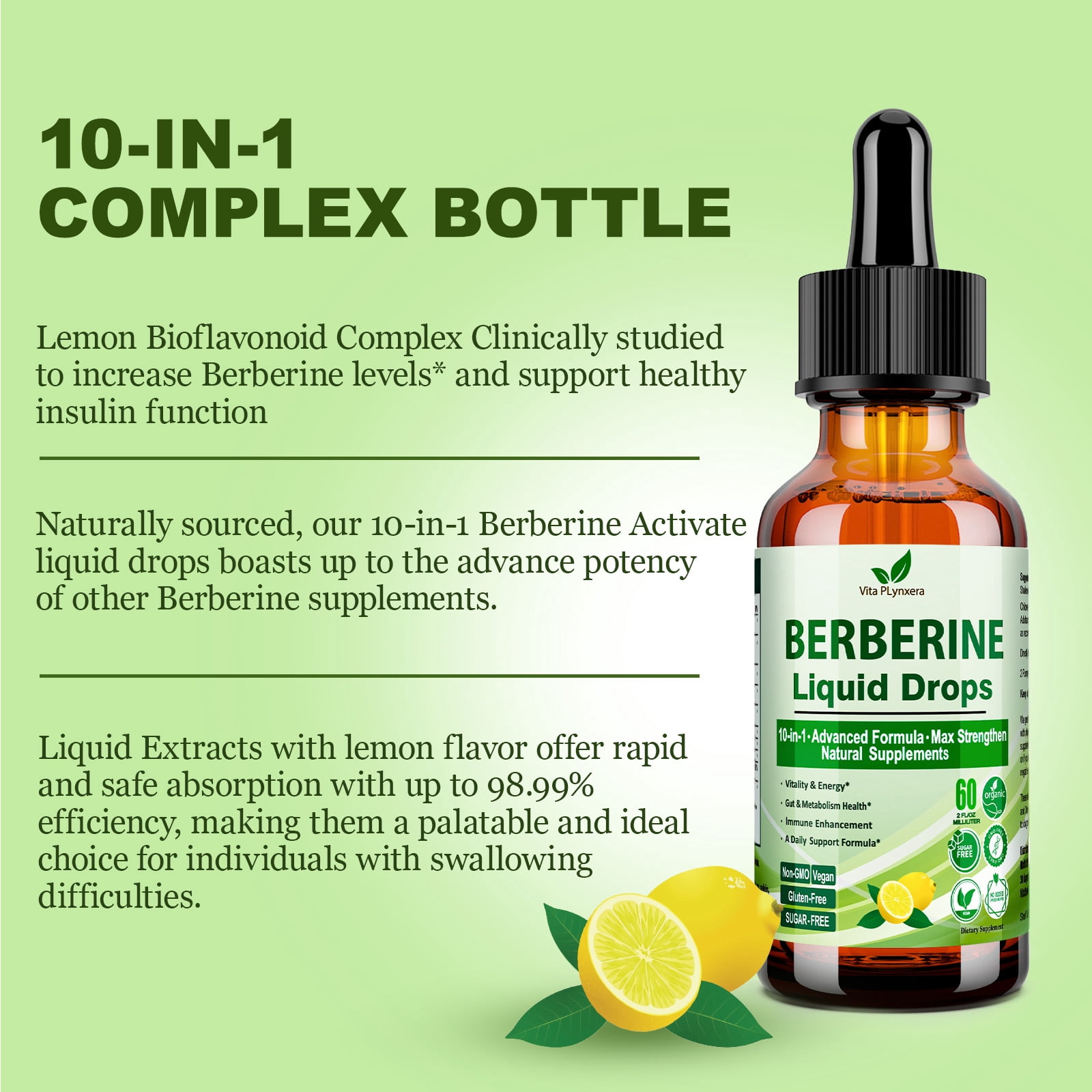 VitaPLynxera Berberine HCL, Cinnamon & Chromium for Metabolism Support, Weight-Loss & Healthy Glucose Levels,Sugar-Free, Vegan | 2 fl oz,60 Servings
