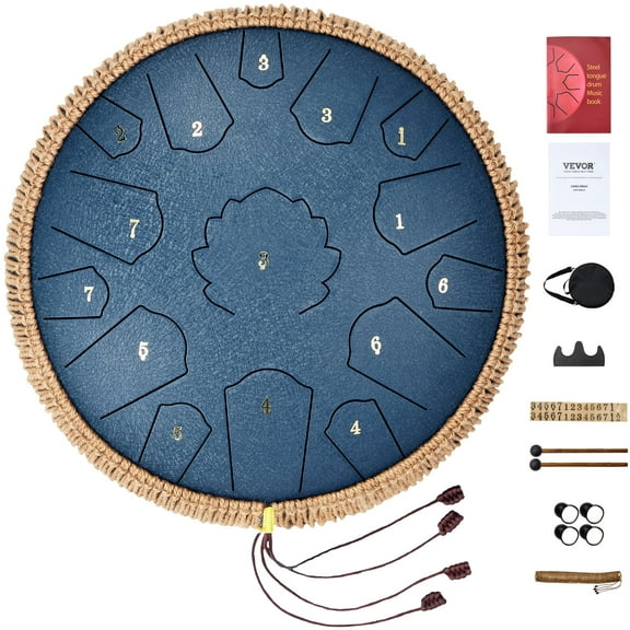 VEVOR Steel Tongue Drum, 14 in & 15 Notes, Rain Drum for Outside Garden, C Major Key, Tank Drum with 2 Mallets & Carry Bag, Hand Pan Drum Percussion Instrument for Musical Education Yoga, Navy Blue