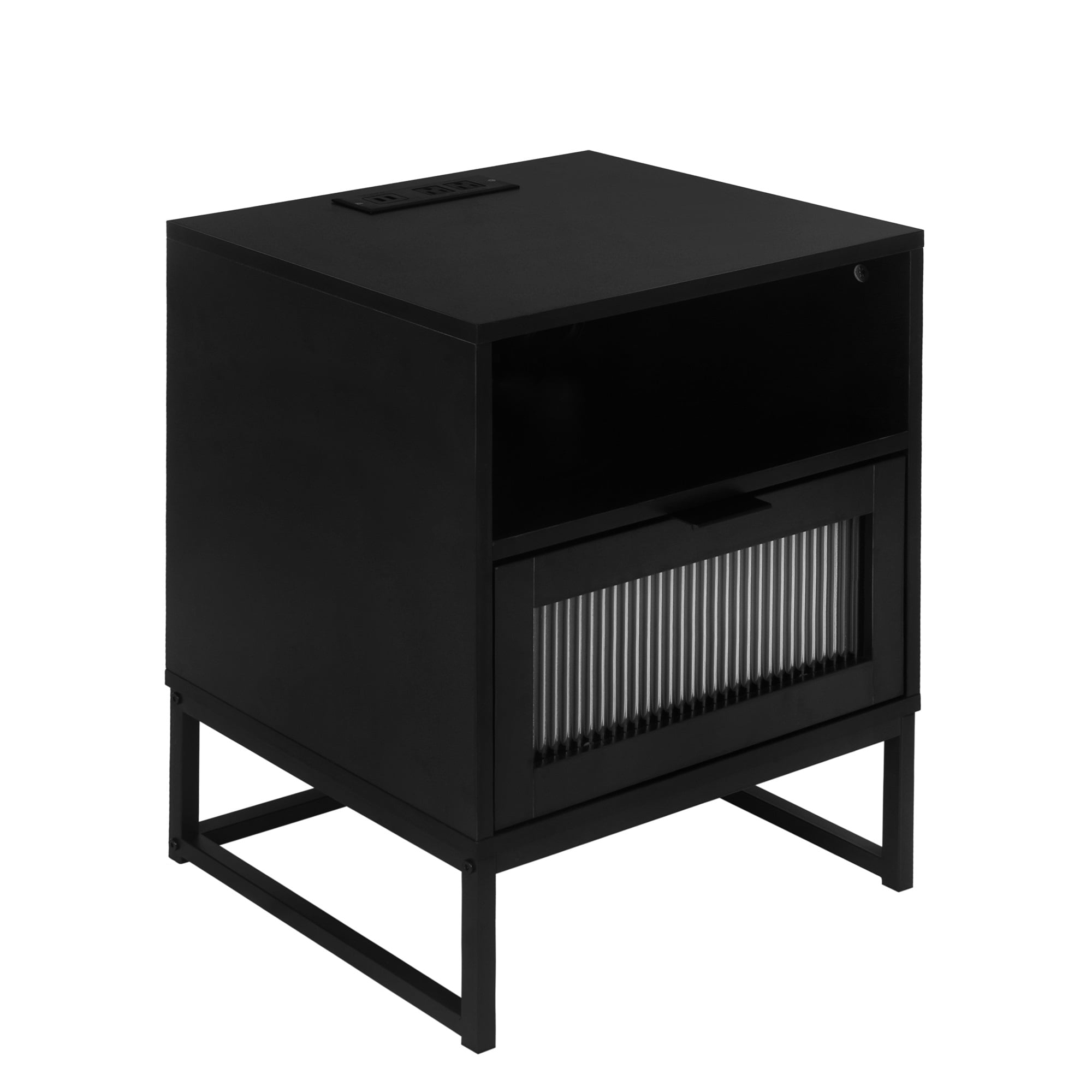 Resenkos Modern Nightstand with Charging Station and LED Lights Glass Drawer, Black Resenkos Modern Nightstand with Charging Station and LED Lights Glass Drawer, Black