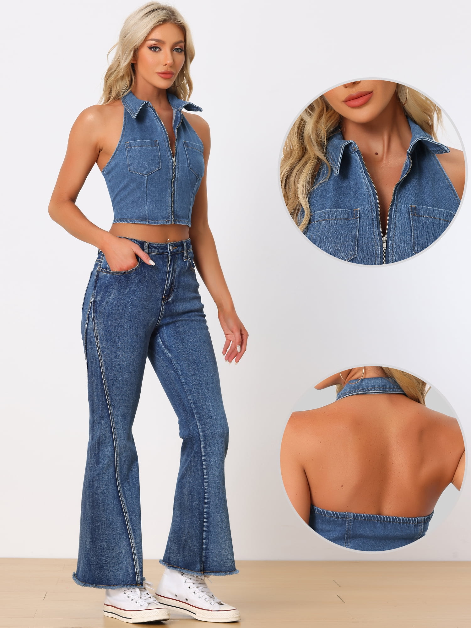 DARING DIVA Women's Halter Denim Top Zipper Up Collared Sleeveless Corset L Blue