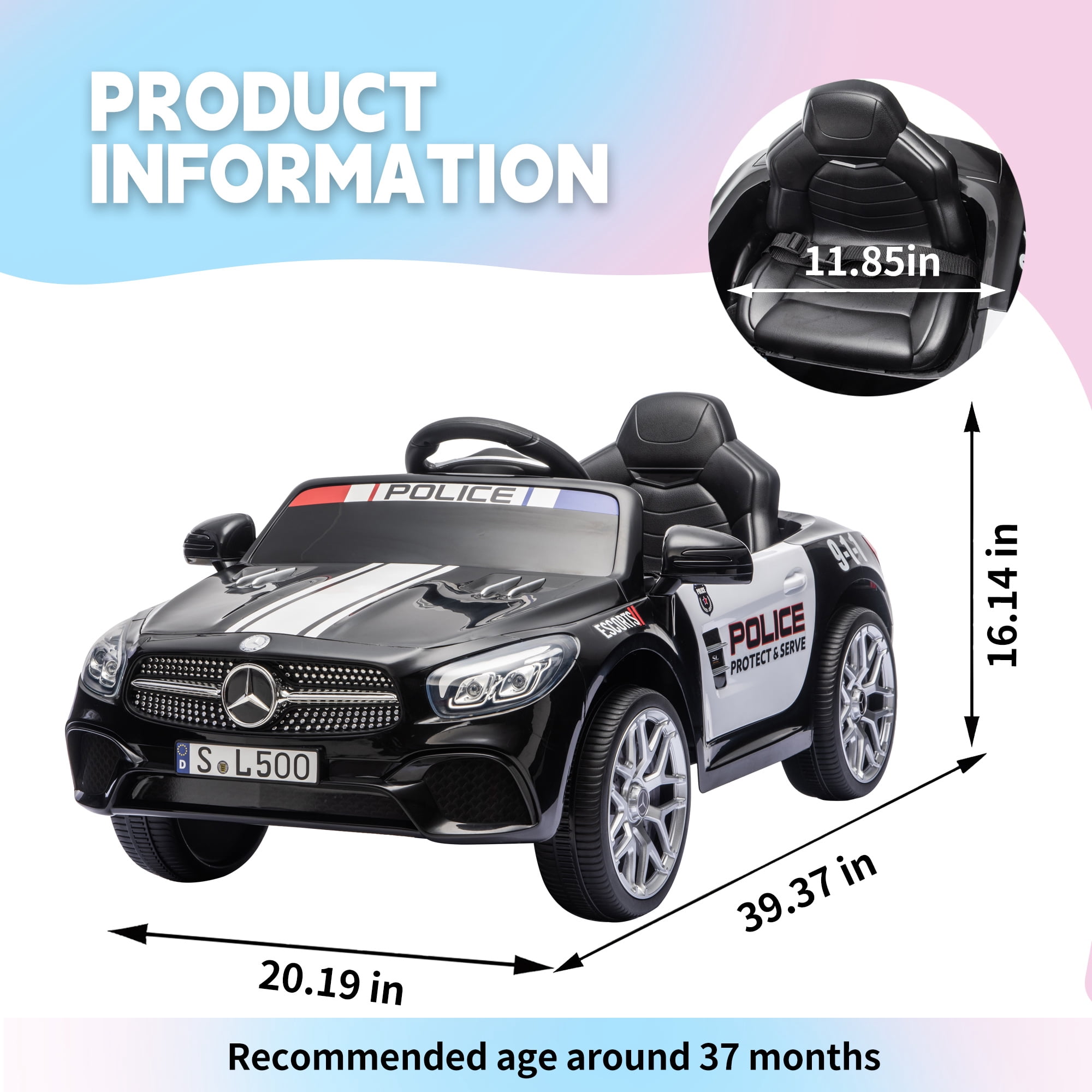 Xuanlur 12V Power Ride on Toys for Toddlers, Licensed Mercedes-Benz Ride on Cars for Kids, Kid Electric Car, Aged 1-4Y, Black Police Car