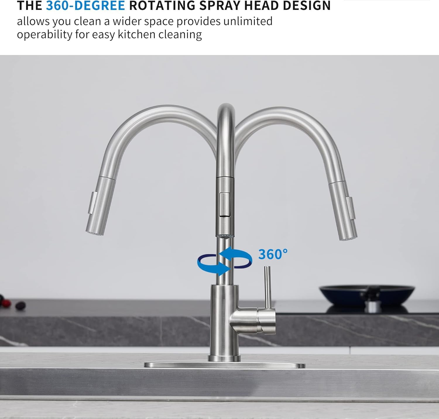 Zovajonia Modern Brushed Nickel Stainless Steel Kitchen Sink Faucets with Pull Down Sprayer, Single Handle，high arc，with 10 inch Deck Plate，1 or 3 Hole