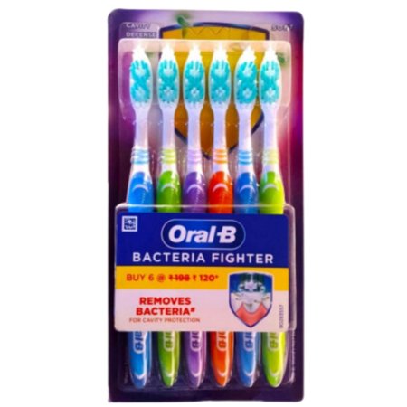 JSC Oral-B Bacteria Fighter Toothbrush 6 Pieces 3 in 1 Cleaning Action Tongue Cleaner Unique Cup Shaped Bristles Colorful Children s Bathroom Vanity Brighten the Smiles Dental Hygiene Habits Pack of 1