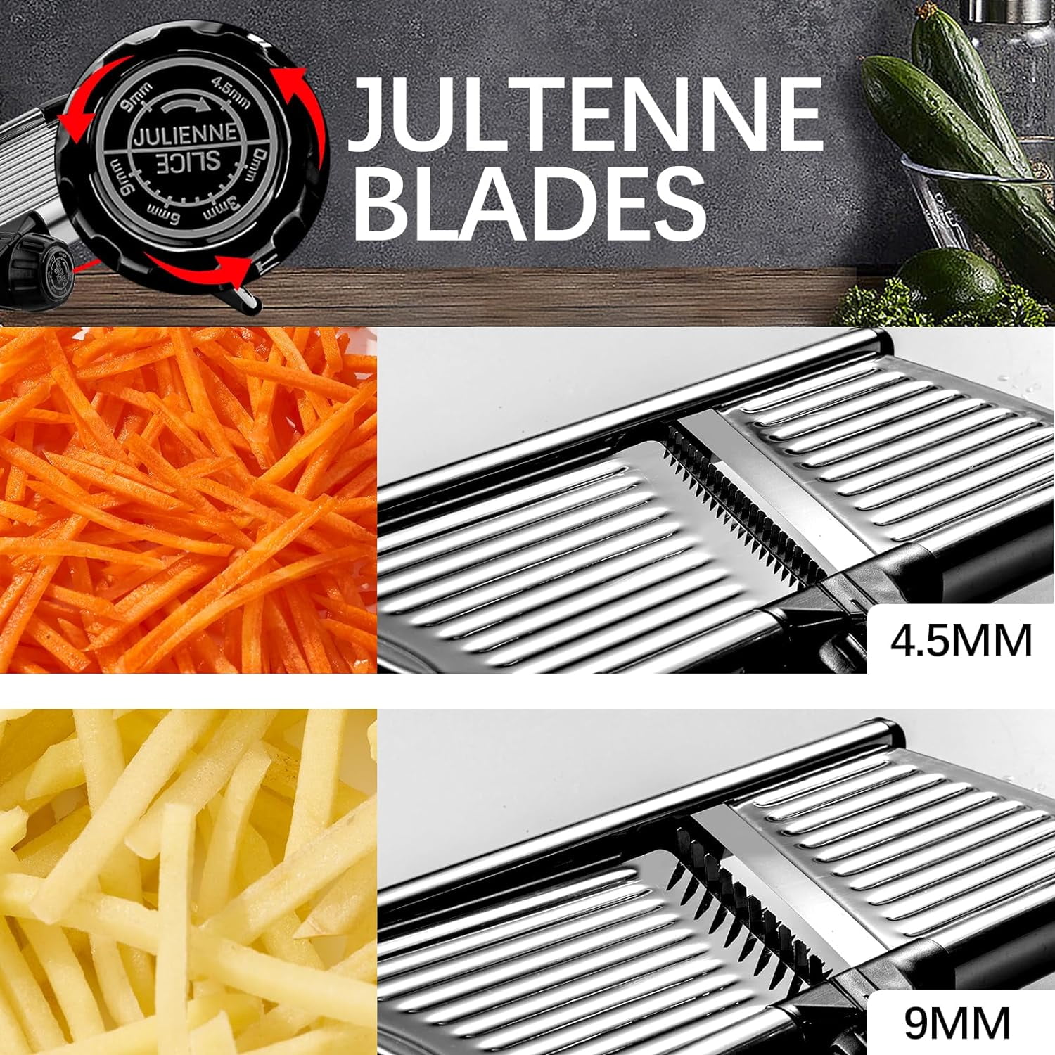 Hinzonek Mandoline Food Slicer, Adjustable Stainless Steel Vegetable Slicer with Hand Guard, Fruit Vegetable Onion Potato Julienne Chopper Slicer