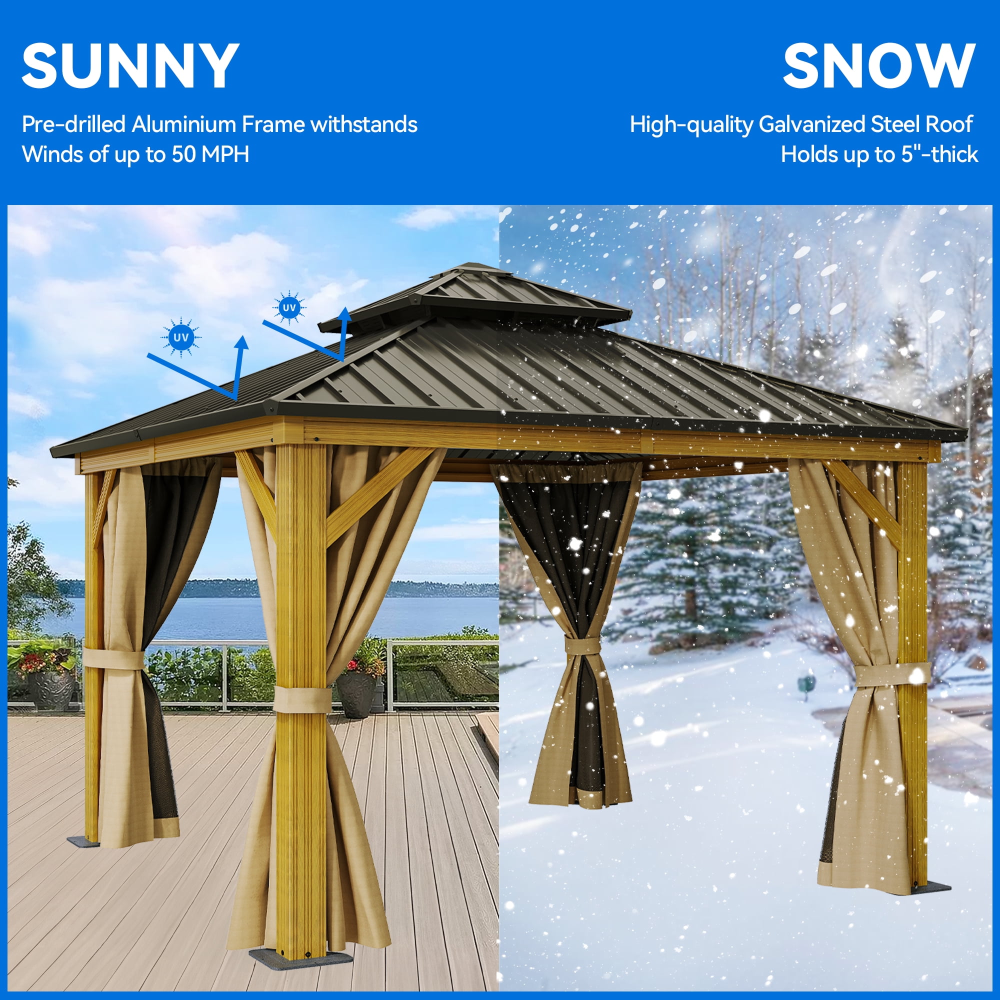 Dextrus 10' x 10' Double Roof Hardtop Gazebo, Wood Grain Galvanized Steel with Netting & Curtains